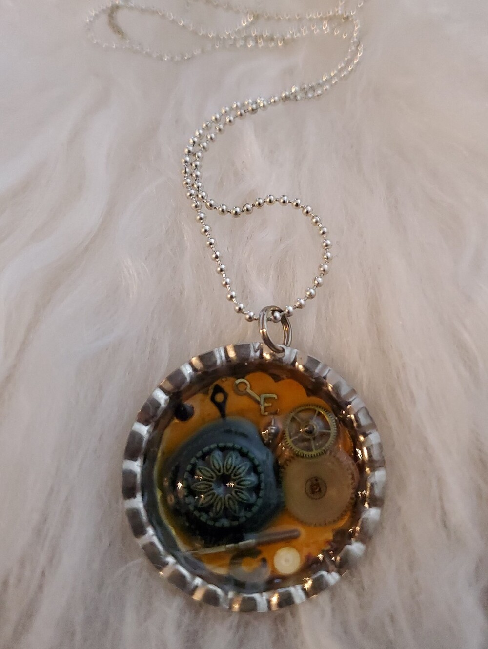 Super Cool Steam Punk Look Charm on Silver Chain Like New, Edgy Design in Resin